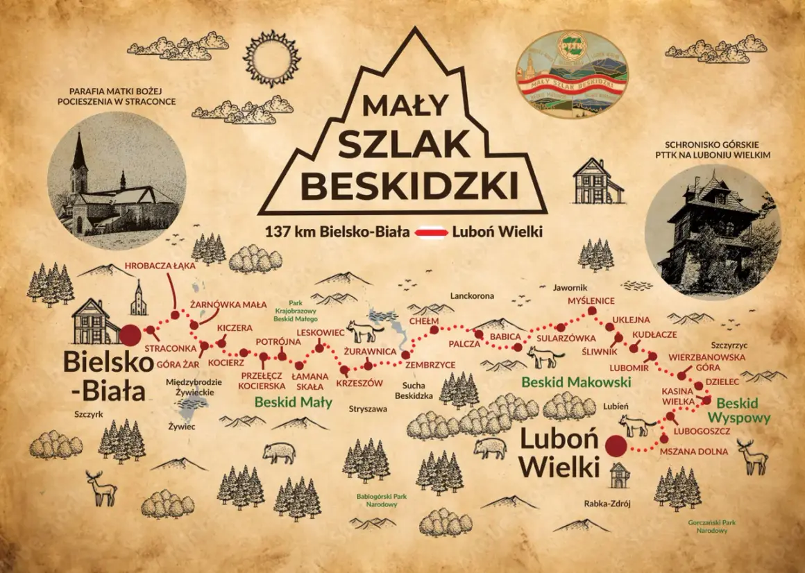 Mapa "Mały Szlak Beskidzki" od Bielska-Białej do Lubonia Wielkiego, ukazująca malownicze trasy i punkty widokowe, w tym Beskid Wyspowy.