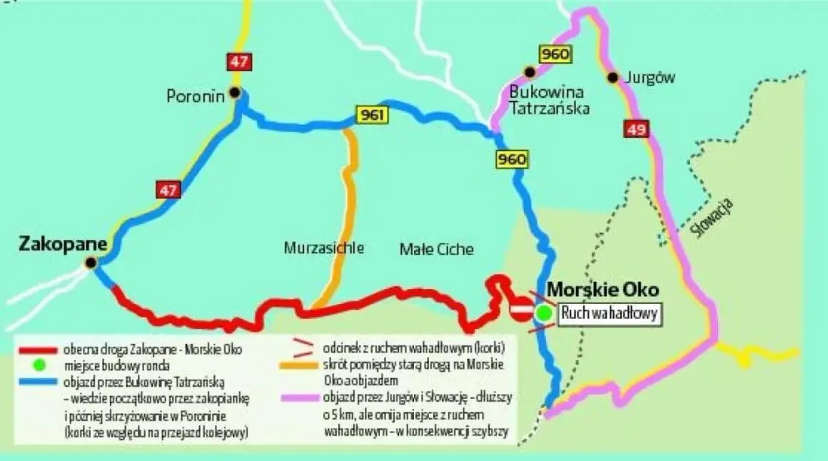 Mapa pokazuje drogę z Zakopanego do Morskiego Oka, z zaznaczonymi objazdami i utrudnieniami.