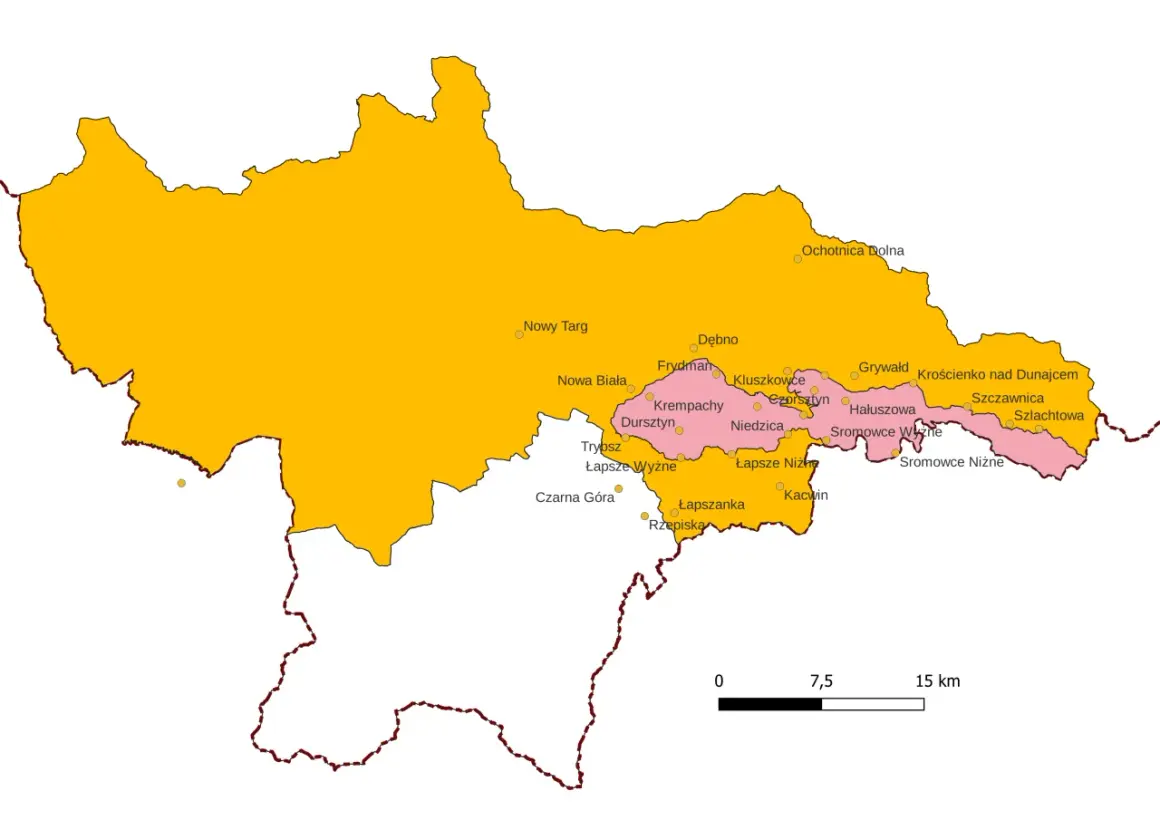 Mapa pokazuje, gdzie są Pieniny, z zaznaczonymi miejscowościami jak Nowy Targ, Krościenko nad Dunajcem i Sromowce Niżne.
