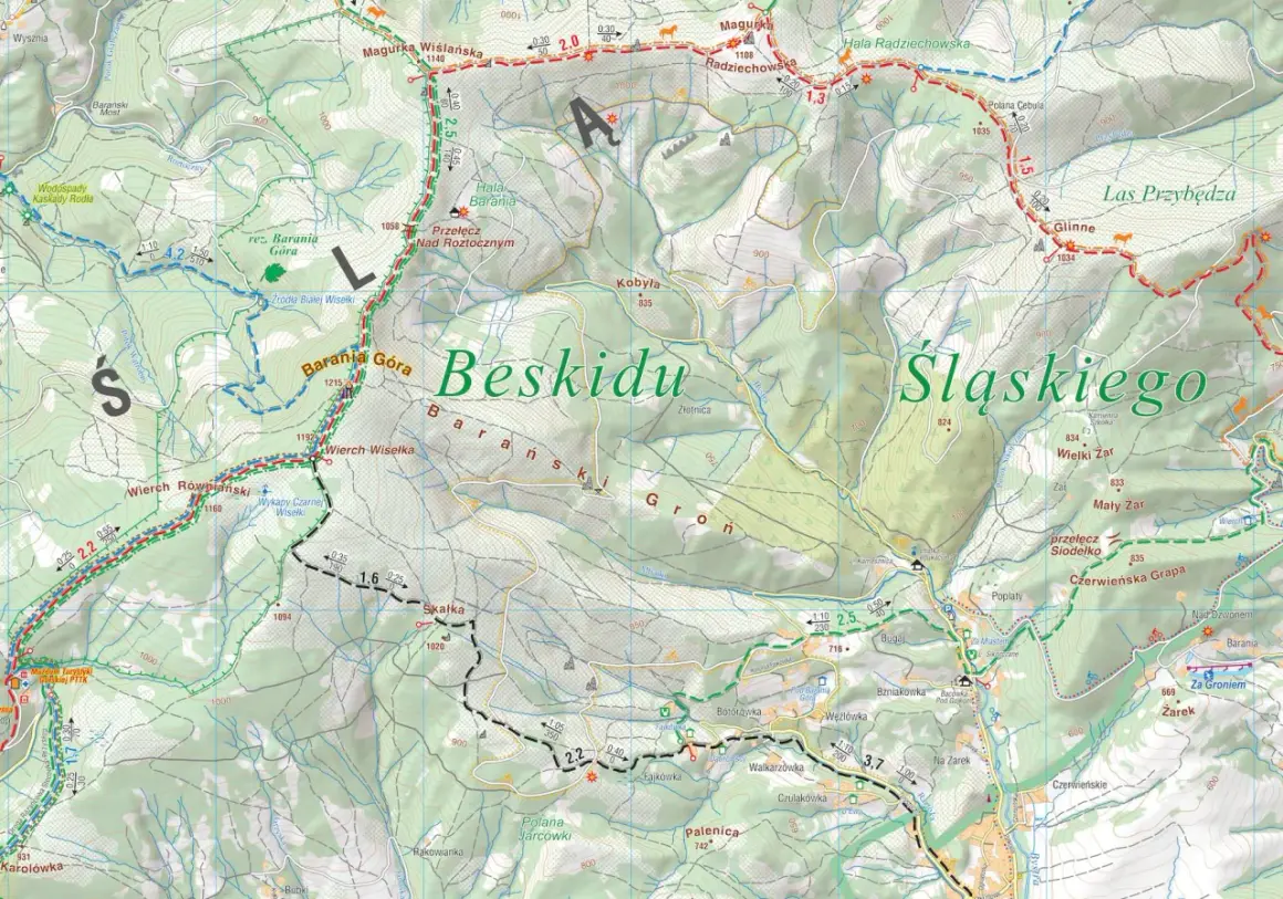 Mapa turystyczna Beskidu Śląskiego: szlaki, szczyty (Barania Góra, Wielki Żar), wodospady i inne atrakcje.
