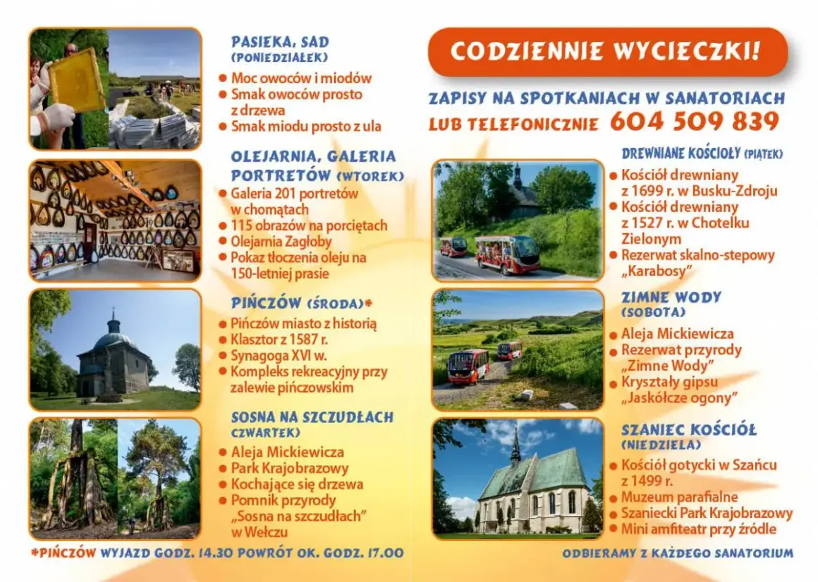 Codzienne wycieczki: pasieka, olearnia, Pińczów, Sosna na Szczudłach, drewniane kościoły, Zimne Wody, Szaniec – atrakcje Busko Zdrój.