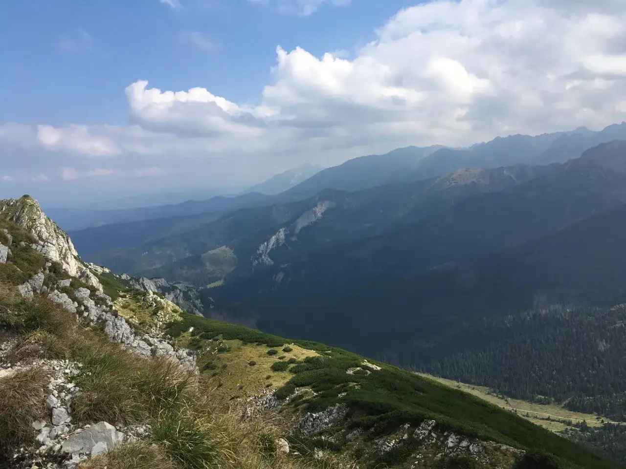 Widok na Beskid Wyspowy z kamienistym zboczem i zielonymi połaciami. W oddali góry w odcieniach niebieskiego.