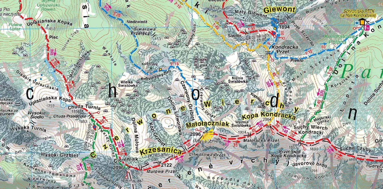 Czerwone Wierchy z widokiem na Kondracką Przełęcz i Giewont. Mapa turystyczna Tatr.