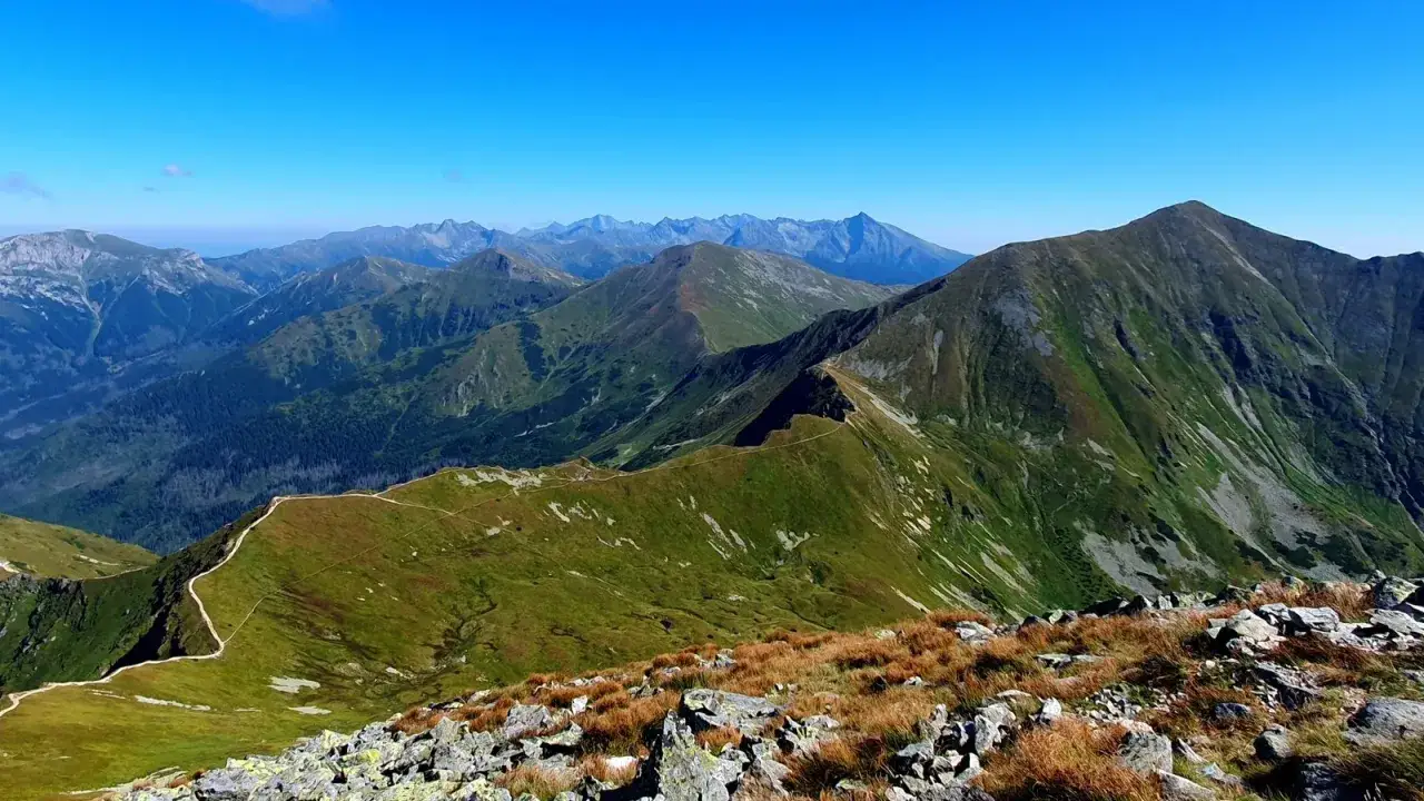 Widok na pasmo górskie z wyraźną ścieżką wijącą się po zboczu. W oddali widać kolejne szczyty, a niebo jest czyste i błękitne. Starorobociański Wierch w pełnej krasie.