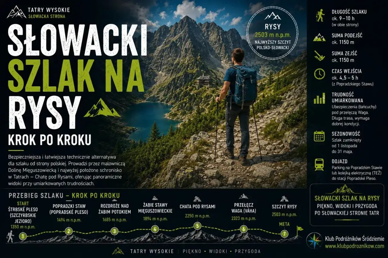 Słowacki szlak na Rysy: wędrówka przez malownicze słowackie szlaki górskie. Widok na jezioro i szczyt.