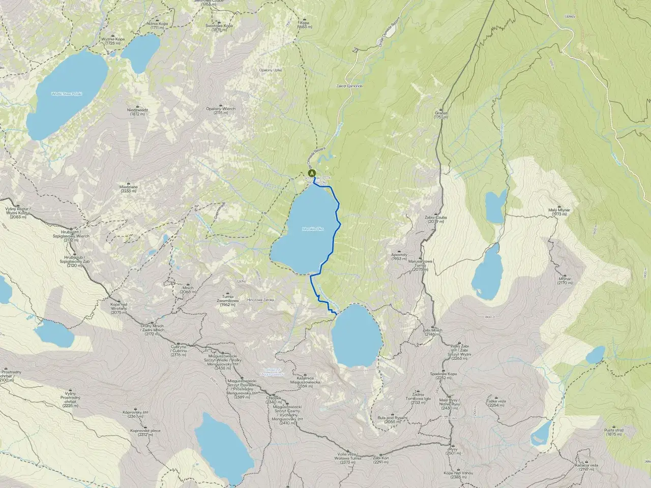 Szlak turystyczny od Morskiego Oka do Czarnego Stawu. Czas przejścia ok. 1,5h.