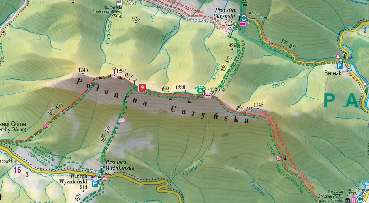 Mapa turystyczna, gdzie zaczynają się Bieszczady. Widoczne szlaki, szczyty (np. Połonina Caryńska) i miejscowości.