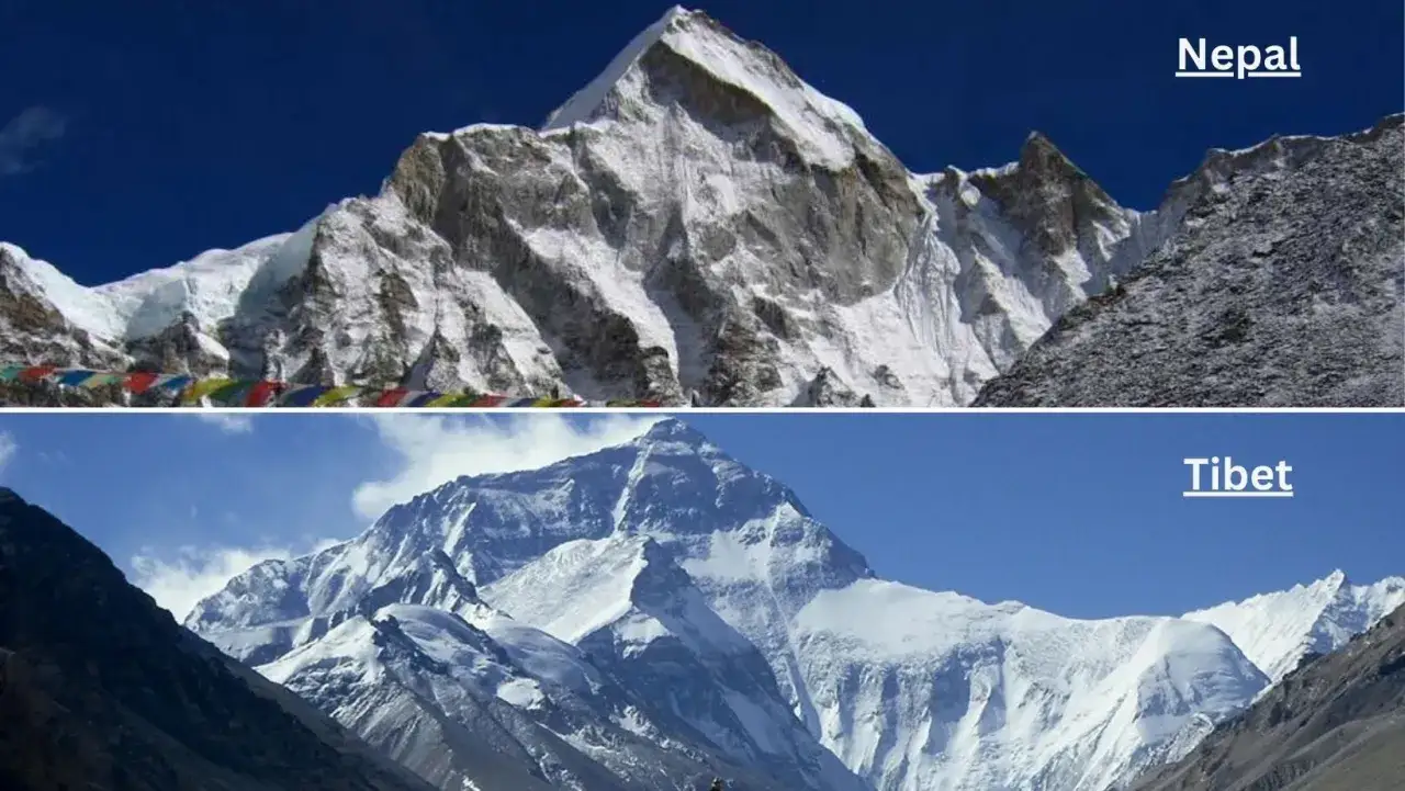 Widok na najwyższy szczyt na świecie, Mount Everest, z dwóch stron: od Nepalu (góra z flagami) i od Tybetu.