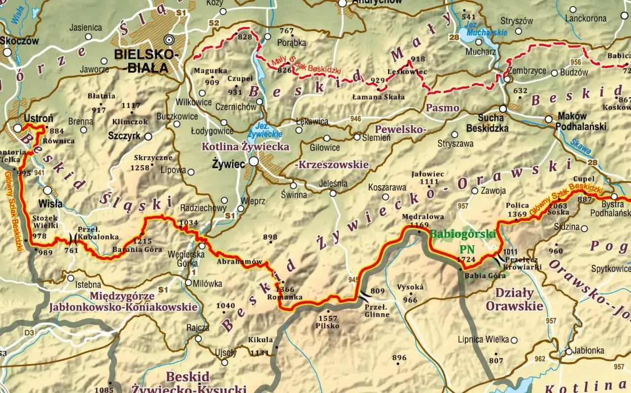 Mapa przedstawia fragment Głównego Szlaku Beskidzkiego, z zaznaczonymi etapami i miejscowościami jak Wisła, Żywiec, Babia Góra.