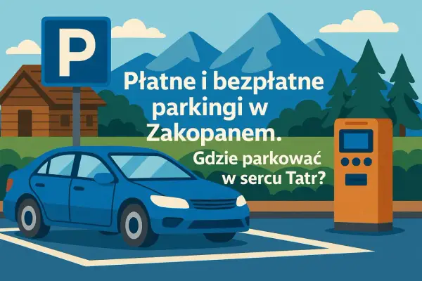Płatne i bezpłatne parkingi w Zakopanem. Gdzie parkować w sercu Tatr? Ilustracja z niebieskim autem, znakiem P i automatem parkingowym.