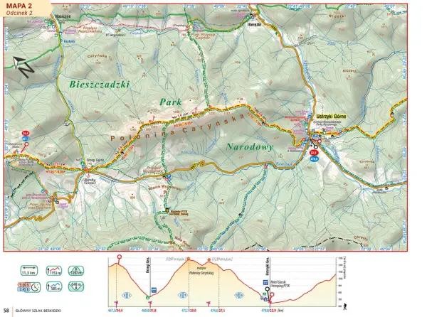 Mapa przedstawia fragment Głównego Szlaku Beskidzkiego, z zaznaczonymi etapami, szczytami (np. Połonina Caryńska) i schroniskami.