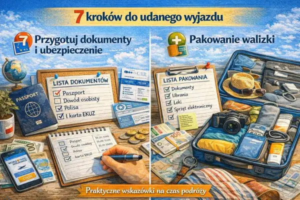 Jak zaplanować podróż? Na lewo lista dokumentów i ubezpieczenie, na prawo pakowanie walizki. Praktyczne wskazówki na wyjazd.