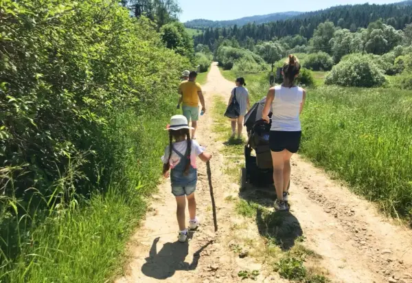 Rodzina spaceruje po górskiej ścieżce w Beskidach. Dziecko z patykiem w ręku idzie na czele, a za nim rodzice z wózkiem.