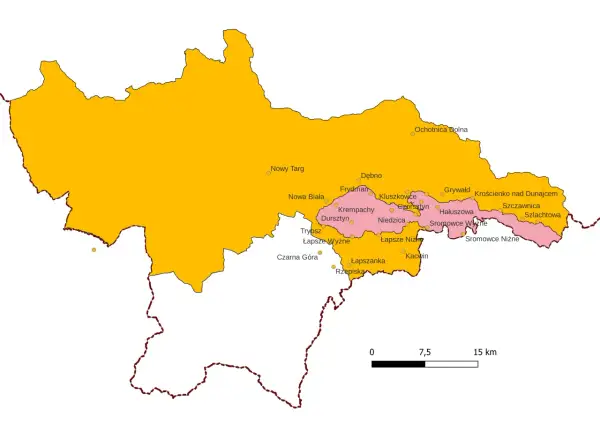 Mapa pokazuje, gdzie są Pieniny, z zaznaczonymi miejscowościami jak Nowy Targ, Krościenko nad Dunajcem i Sromowce Niżne.