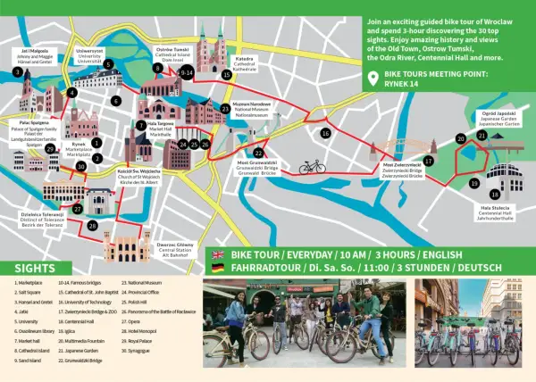 Mapa Wrocławia z trasą rowerową. Co robić we Wrocławiu? Rowerem odkryj 30 atrakcji, w tym Rynek, Ostrów Tumski i Halę Stulecia.