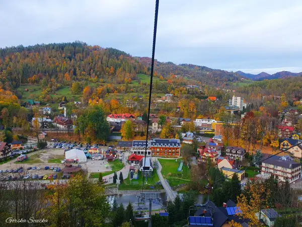 Widok z kolejki na palenice na jesienną dolinę pełną kolorowych drzew i zabudowań.
