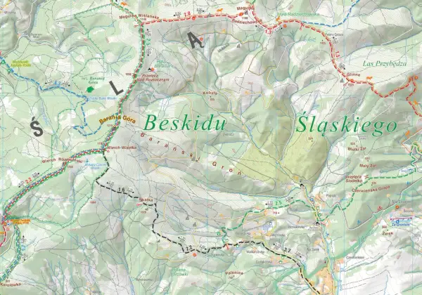 Mapa turystyczna Beskidu Śląskiego: szlaki, szczyty (Barania Góra, Wielki Żar), wodospady i inne atrakcje.