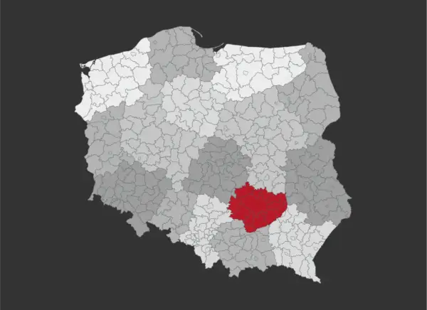 Mapa Polski z zaznaczonym na czerwono obszarem. Tu właśnie leżą Góry Świętokrzyskie, serce Polski.