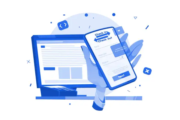 Dłoń trzyma smartfon z formularzem check in. Obok ekran komputera z kodem.