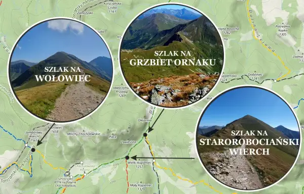 Widok na szlak na Starorobociański Wierch, z kamienistą ścieżką prowadzącą na szczyt.