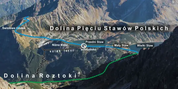 Widok na Dolinę Pięciu Stawów Polskich z zaznaczonymi szlakami. Widoczna jest wysokość i piękno górskiego krajobrazu.